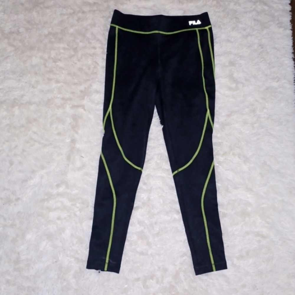 FILA Running Leggings Black w/ Green Stitching - M